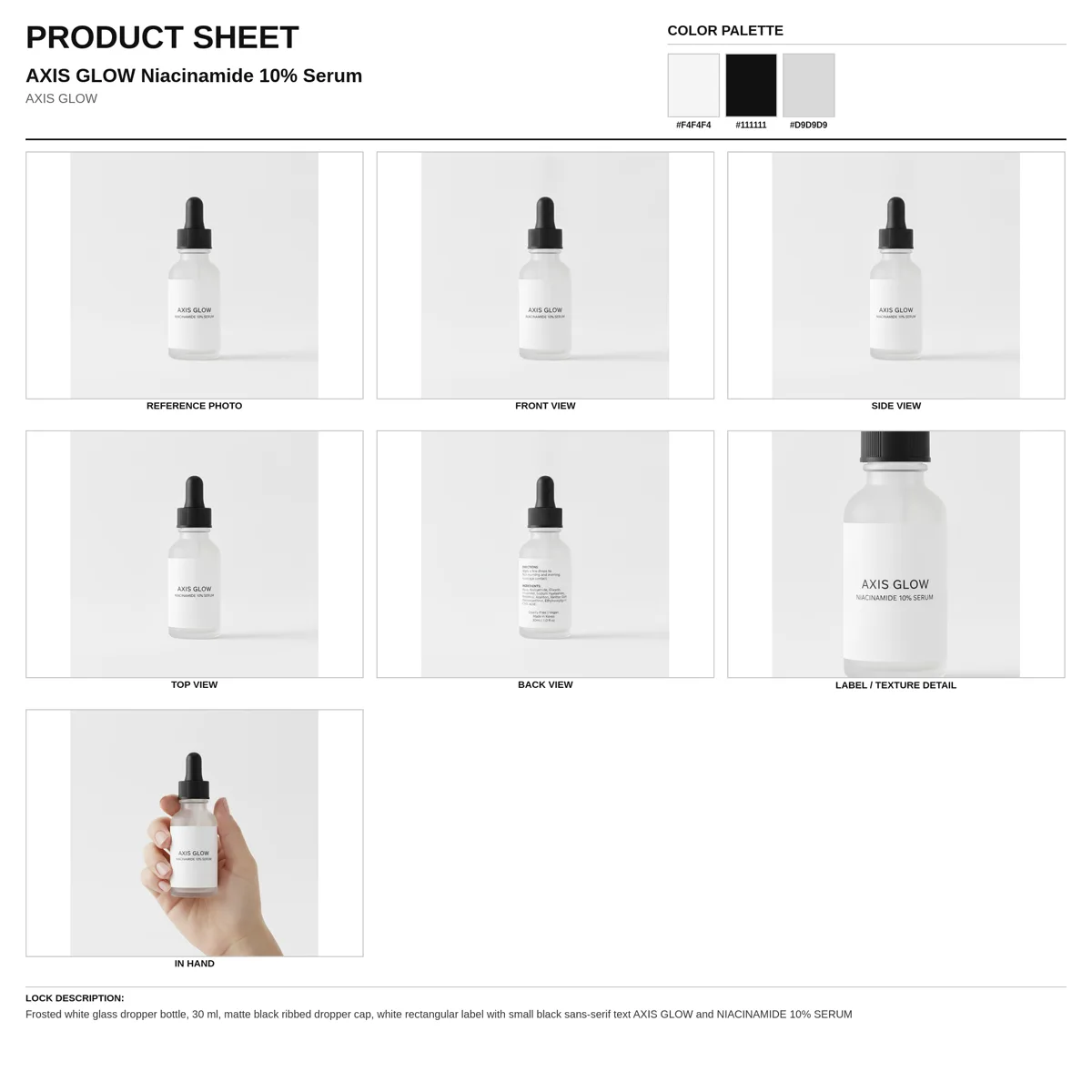 Lembar produk AXIS GLOW Niacinamide 10% Serum: foto referensi, tampak depan, samping, atas, belakang, detail label, dan di tangan